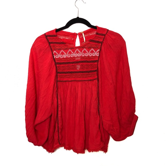 Free People Cyprus Ave Red Embroidered Top Small - Picture 2 of 8